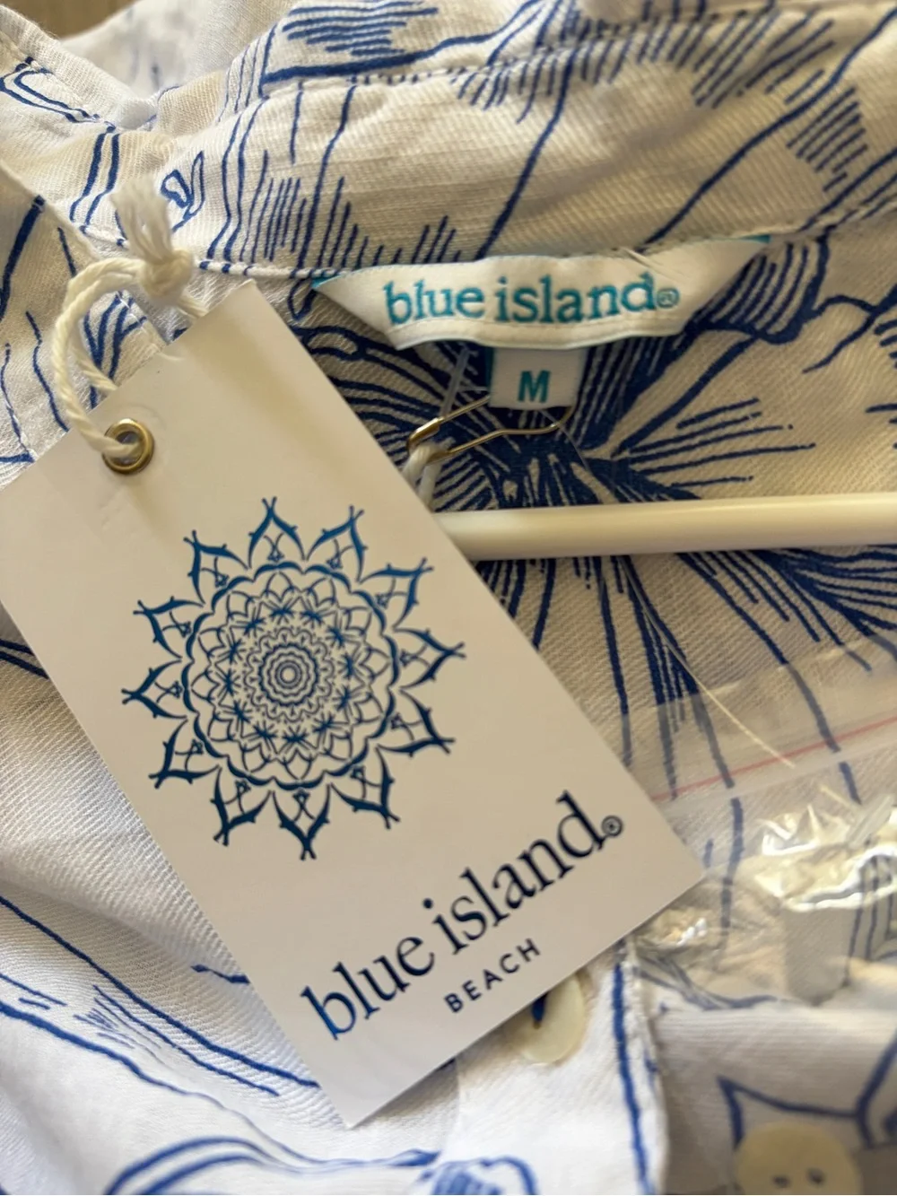 blue island White Button-Front Tunic with Blue Floral Print